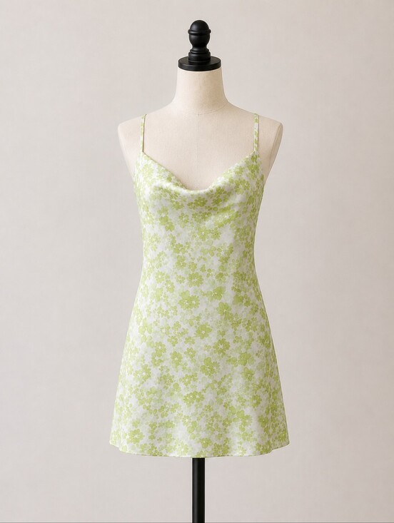 Dresses & Skirts - Green Floral Satin Mini Dress • Size Small